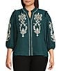 Calessa Plus Size Embroidered Placement Print Ruffle Split V-Neck 3/4 Sleeve Button Front Tunic, Color:Dark Teal - Image 1