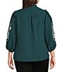 Calessa Plus Size Embroidered Placement Print Ruffle Split V-Neck 3/4 Sleeve Button Front Tunic, Color:Dark Teal - Image 2