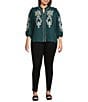 Calessa Plus Size Embroidered Placement Print Ruffle Split V-Neck 3/4 Sleeve Button Front Tunic, Color:Dark Teal - Image 3