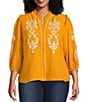 Calessa Plus Size Embroidered Placement Print Ruffle Split V-Neck 3/4 Sleeve Button Front Tunic, Color:Mustand/Cream - Image 1