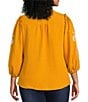 Calessa Plus Size Embroidered Placement Print Ruffle Split V-Neck 3/4 Sleeve Button Front Tunic, Color:Mustand/Cream - Image 2