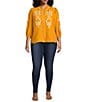 Calessa Plus Size Embroidered Placement Print Ruffle Split V-Neck 3/4 Sleeve Button Front Tunic, Color:Mustand/Cream - Image 3