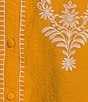 Calessa Plus Size Embroidered Placement Print Ruffle Split V-Neck 3/4 Sleeve Button Front Tunic, Color:Mustand/Cream - Image 4