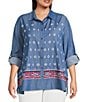 Calessa Plus Size Embroidered Point Collar Long Roll-Tab Sleeve Button Front Tunic, Color:Indigo - Image 1