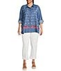 Calessa Plus Size Embroidered Point Collar Long Roll-Tab Sleeve Button Front Tunic, Color:Indigo - Image 3