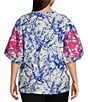 Calessa Plus Size Embroidered Printed Ruffled Split V-Neck Elbow Length Sleeve Tunic, Color:Blue/White - Image 2