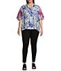 Calessa Plus Size Embroidered Printed Ruffled Split V-Neck Elbow Length Sleeve Tunic, Color:Blue/White - Image 3