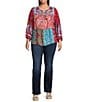 Calessa Plus Size Embroidered Printed Split V-Neck 3/4 Sleeve Tunic, Color:Red Multi - Image 3