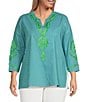 Calessa Plus Size Embroidered Retro Printed Split V-Neck 3/4 Sleeve Tunic, Color:Lime/Green - Image 1