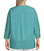 Calessa Plus Size Embroidered Retro Printed Split V-Neck 3/4 Sleeve Tunic, Color:Lime/Green - Image 2