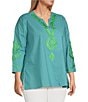 Calessa Plus Size Embroidered Retro Printed Split V-Neck 3/4 Sleeve Tunic, Color:Lime/Green - Image 3