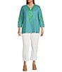 Calessa Plus Size Embroidered Retro Printed Split V-Neck 3/4 Sleeve Tunic, Color:Lime/Green - Image 5