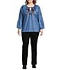 Calessa Plus Size Embroidered Tassel Tie Round Split Neck Long Sleeve Tunic, Color:Indigo - Image 3