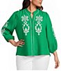 Calessa Plus Size Embroidered Ruffle Split V-Neck 3/4 Sleeve Button Front Tunic - Image 1