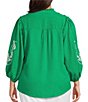 Calessa Plus Size Embroidered Ruffle Split V-Neck 3/4 Sleeve Button Front Tunic - Image 2
