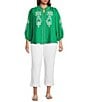 Calessa Plus Size Embroidered Ruffle Split V-Neck 3/4 Sleeve Button Front Tunic - Image 3