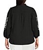 Calessa Plus Size Embroidered Ruffle Split V-Neck 3/4 Sleeve Button Front Tunic - Image 6