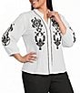 Calessa Plus Size Embroidered Ruffle Split V-Neck 3/4 Sleeve Button Front Tunic - Image 1
