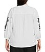 Calessa Plus Size Embroidered Ruffle Split V-Neck 3/4 Sleeve Button Front Tunic - Image 2
