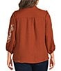 Calessa Plus Size Embroidered Ruffle Split V-Neck 3/4 Sleeve Button Front Tunic - Image 2