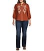 Calessa Plus Size Embroidered Ruffle Split V-Neck 3/4 Sleeve Button Front Tunic - Image 3