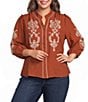 Calessa Plus Size Embroidered Ruffle Split V-Neck 3/4 Sleeve Button Front Tunic - Image 1