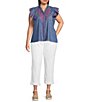 Calessa Plus Size Embroidered Ruffle Split V-Neck Cap Sleeve Button Front Top - Image 3