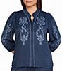 Calessa Plus Size Embroidered Ruffle Trim Mandarin Collar 3/4 Puff Sleeve Button-Front Coordinating Top - Image 1