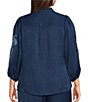 Calessa Plus Size Embroidered Ruffle Trim Mandarin Collar 3/4 Puff Sleeve Button-Front Coordinating Top - Image 2