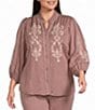 Calessa Plus Size Embroidered Ruffle Trim Mandarin Collar 3/4 Puff Sleeve Button-Front Coordinating Top - Image 5