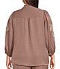 Calessa Plus Size Embroidered Ruffle Trim Mandarin Collar 3/4 Puff Sleeve Button-Front Coordinating Top - Image 6