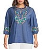 Calessa Plus Size Embroidered Ruffled Split V-Neck 3/4 Sleeve Tunic - Image 1