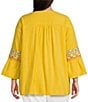 Color:Yellow/Multi - Image 2 - Plus Size Embroidered Split Neck Tie Detail 3/4 Sleeve Pullover Blouse