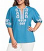 Calessa Plus Size Embroidered Split Round Neck Elbow Puff Sleeve Tunic - Image 1