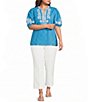 Calessa Plus Size Embroidered Split Round Neck Elbow Puff Sleeve Tunic - Image 3