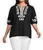 Calessa Plus Size Embroidered Split Round Neck Short Puff Sleeve Tunic - Image 1