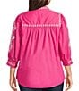 Calessa Plus Size Embroidered Split V-Neck 3/4 Sleeve Button Front Shirt, Color:Fuchsia/White - Image 2