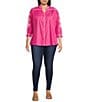 Calessa Plus Size Embroidered Split V-Neck 3/4 Sleeve Button Front Shirt, Color:Fuchsia/White - Image 3