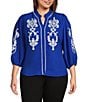Calessa Plus Size Embroidered 3/4 Sleeve Split V-Neck Button Front Tunic, Color:Blue/White - Image 1