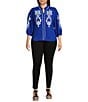 Calessa Plus Size Embroidered 3/4 Sleeve Split V-Neck Button Front Tunic, Color:Blue/White - Image 3