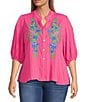 Calessa Plus Size Embroidered Split V-Neck 3/4 Sleeve Shirttail Hem Button Front Tunic, Color:Pink - Image 1