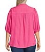 Calessa Plus Size Embroidered Split V-Neck 3/4 Sleeve Shirttail Hem Button Front Tunic, Color:Pink - Image 2