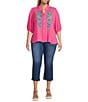 Calessa Plus Size Embroidered Split V-Neck 3/4 Sleeve Shirttail Hem Button Front Tunic, Color:Pink - Image 3