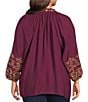 Calessa Plus Size Embroidered Split V-Neck Wrist Length Sleeve Tunic, Color:Crimson/Sand - Image 2