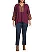 Calessa Plus Size Embroidered Split V-Neck Wrist Length Sleeve Tunic, Color:Crimson/Sand - Image 3