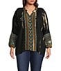 Calessa Plus Size Embroidered Split V-Neck Long Sleeve Tunic, Color:Black Multi - Image 1