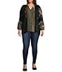 Calessa Plus Size Embroidered Split V-Neck Long Sleeve Tunic, Color:Black Multi - Image 3