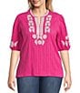 Calessa Plus Size Embroidered Split V-Neck 3/4 Sleeve Tunic - Image 1
