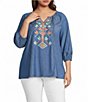 Calessa Plus Size Embroidered Split V-Neck 3/4 Sleeve Tunic - Image 1