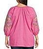 Color:Pink Multi - Image 2 - Plus Size Embroidered Split V-Neck 3/4 Sleeve Tunic